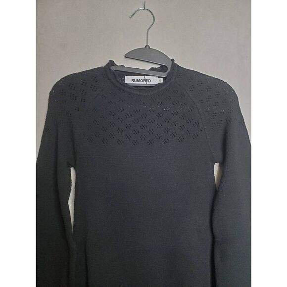 Rumored Vermont Balloon Sleeve High Neck Lettuce Hem Mini Sweater Dress in Black - Picture 4 of 8